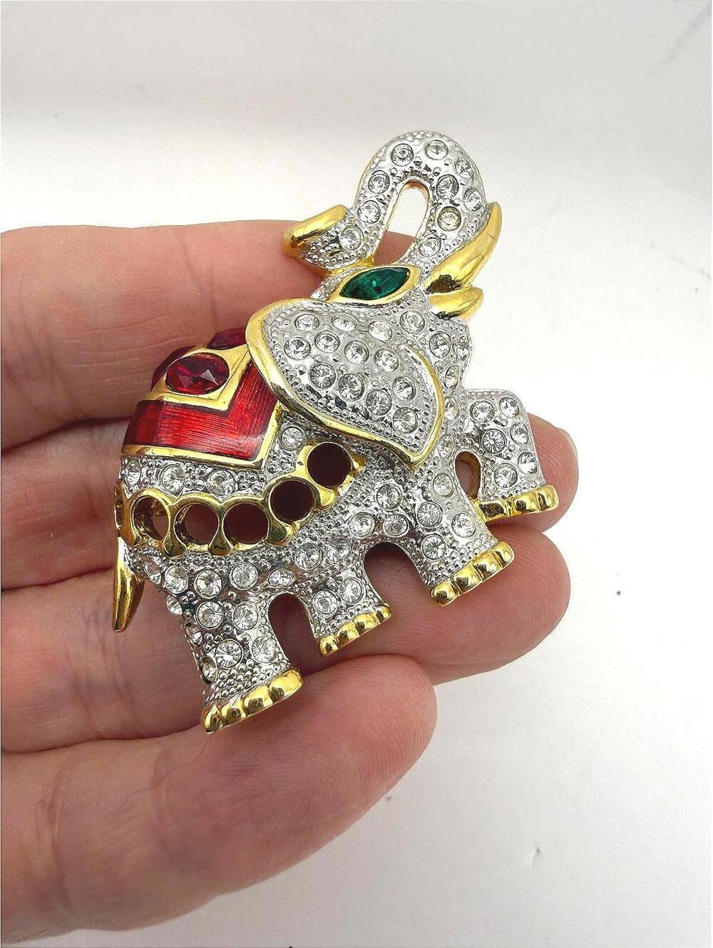 Vintage Elephant Brooch with Rhinestones and Enamel Detailing